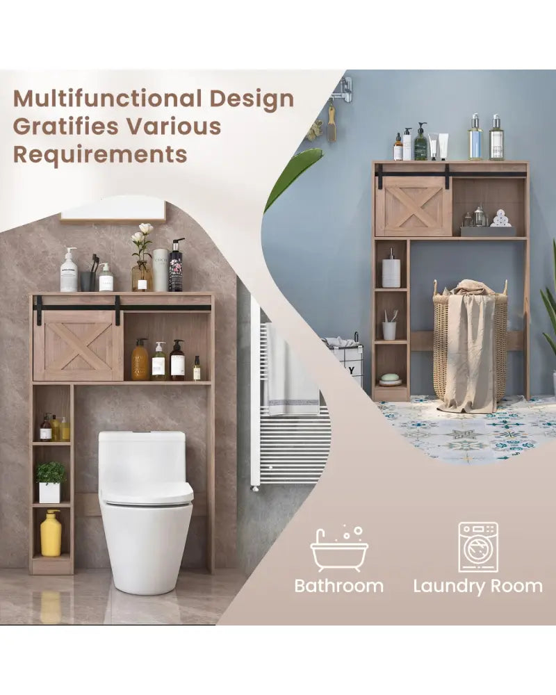 4-Tier Over The Toilet Storage Cabinet with Sliding Barn Door and Storage Shelves-Brown - Brown - Over the Toilet