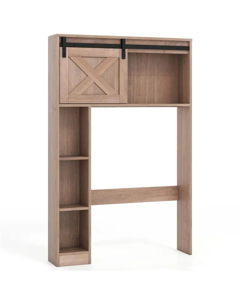 4-Tier Over The Toilet Storage Cabinet with Sliding Barn Door and Storage Shelves-Brown - Brown - Over the Toilet