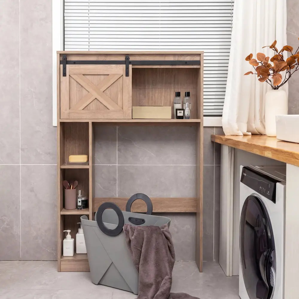 4-Tier Over The Toilet Storage Cabinet with Sliding Barn Door and Storage Shelves-Brown - Brown - Over the Toilet
