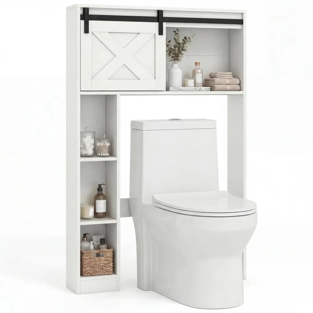 4-Tier Over The Toilet Storage Cabinet with Sliding Barn Door and Storage Shelves-White - White - Over the Toilet