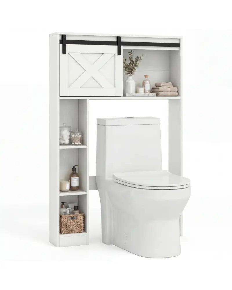 4-Tier Over The Toilet Storage Cabinet with Sliding Barn Door and Storage Shelves-White - White - Over the Toilet