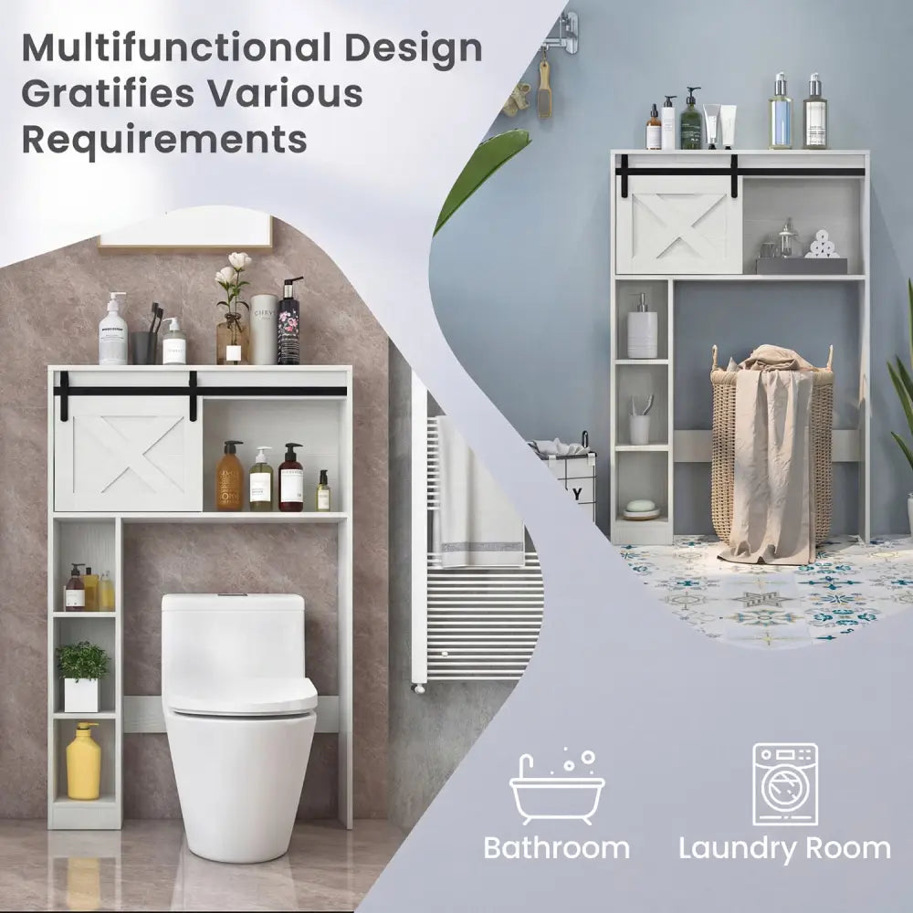 4-Tier Over The Toilet Storage Cabinet with Sliding Barn Door and Storage Shelves-White - White - Over the Toilet