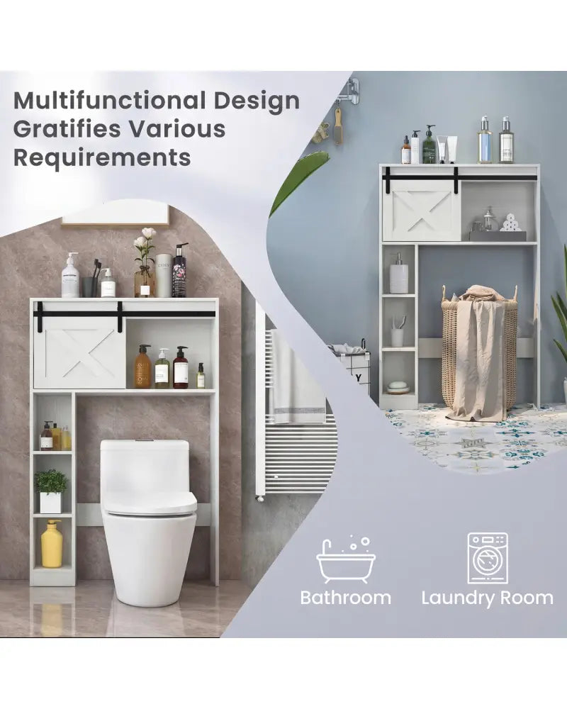 4-Tier Over The Toilet Storage Cabinet with Sliding Barn Door and Storage Shelves-White - White - Over the Toilet