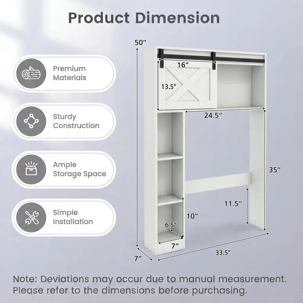 4-Tier Over The Toilet Storage Cabinet with Sliding Barn Door and Storage Shelves-White - White - Over the Toilet