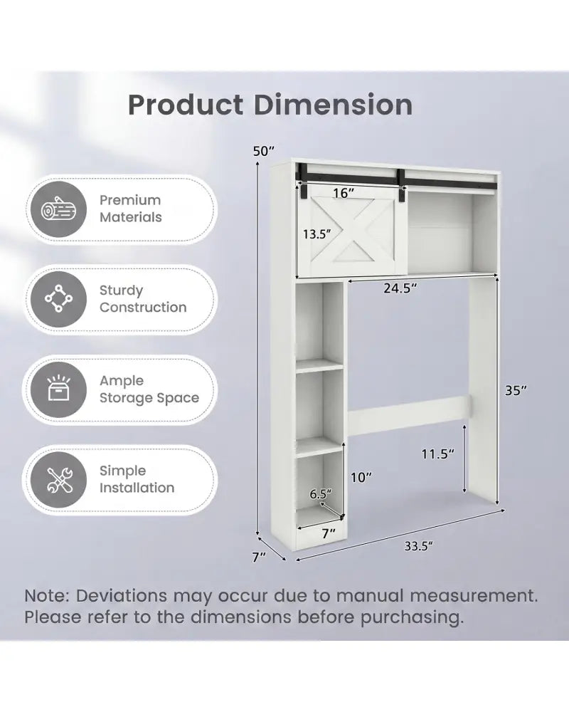 4-Tier Over The Toilet Storage Cabinet with Sliding Barn Door and Storage Shelves-White - White - Over the Toilet