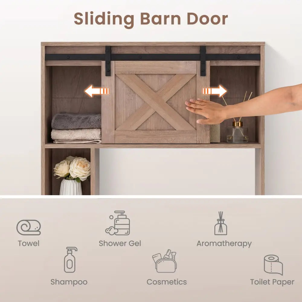 4-Tier Over The Toilet Storage Cabinet with Sliding Barn Door and Storage Shelves-Brown - Brown - Over the Toilet