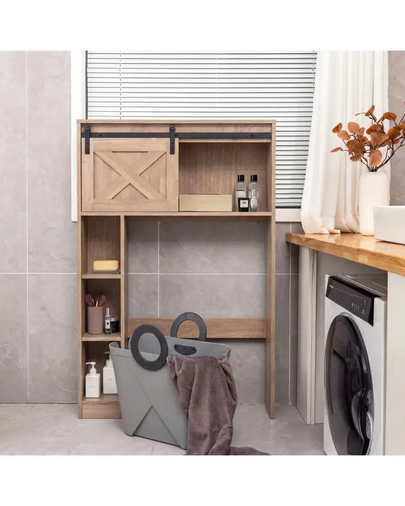 4-Tier Over The Toilet Storage Cabinet with Sliding Barn Door and Storage Shelves-Brown - Brown - Over the Toilet