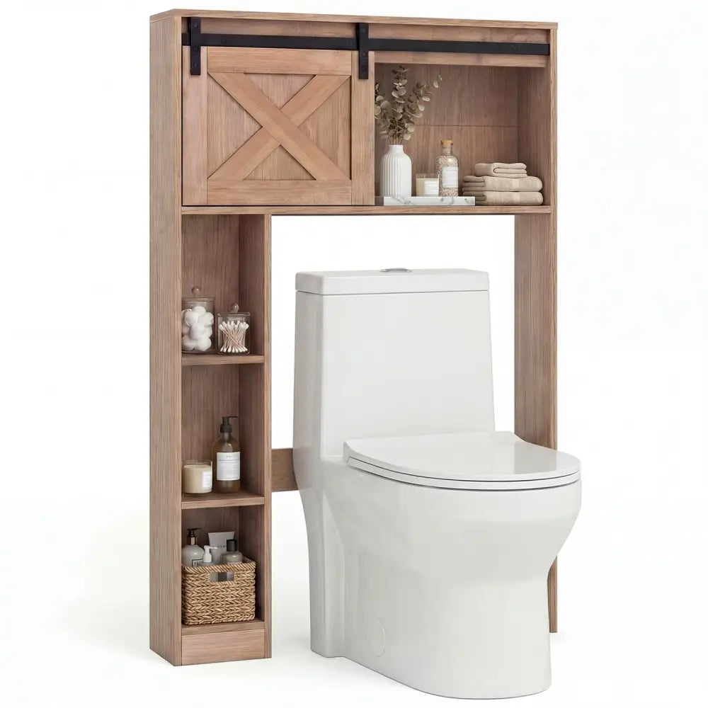 4-Tier Over The Toilet Storage Cabinet with Sliding Barn Door and Storage Shelves-Brown - Brown - Over the Toilet