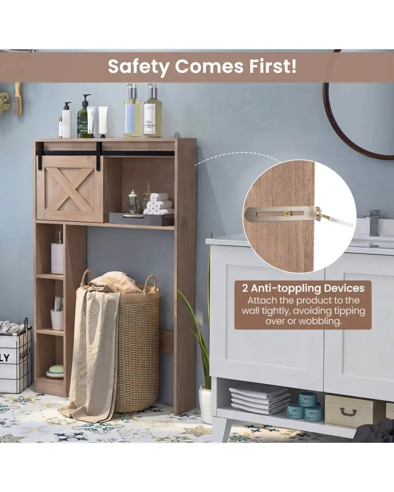 4-Tier Over The Toilet Storage Cabinet with Sliding Barn Door and Storage Shelves-Brown - Brown - Over the Toilet