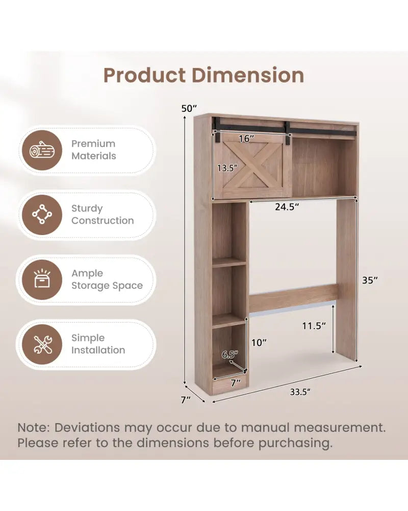 4-Tier Over The Toilet Storage Cabinet with Sliding Barn Door and Storage Shelves-Brown - Brown - Over the Toilet