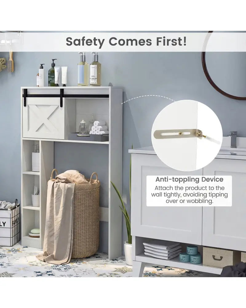 4-Tier Over The Toilet Storage Cabinet with Sliding Barn Door and Storage Shelves-White - White - Over the Toilet