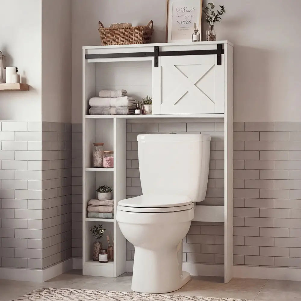 4-Tier Over The Toilet Storage Cabinet with Sliding Barn Door and Storage Shelves-White - White - Over the Toilet