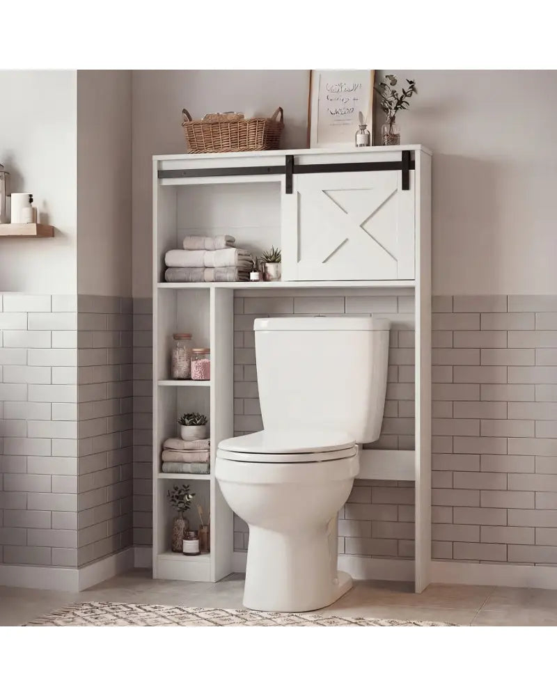 4-Tier Over The Toilet Storage Cabinet with Sliding Barn Door and Storage Shelves-White - White - Over the Toilet