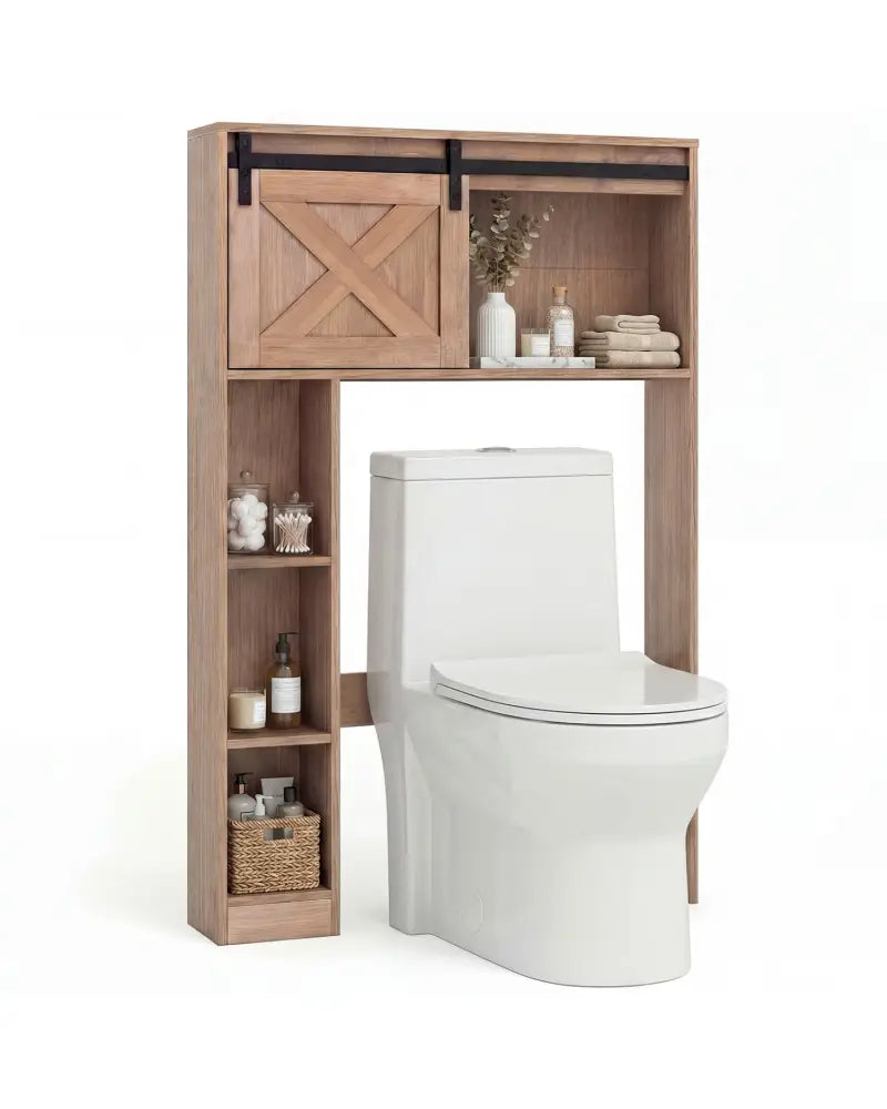 4-Tier Over The Toilet Storage Cabinet with Sliding Barn Door and Storage Shelves-Brown - Brown - Over the Toilet