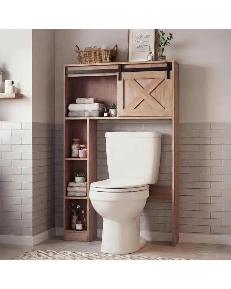 4-Tier Over The Toilet Storage Cabinet with Sliding Barn Door and Storage Shelves-Brown - Brown - Over the Toilet