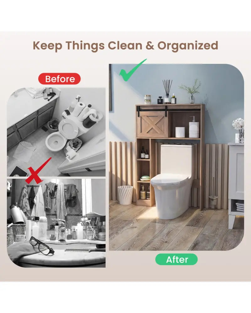 4-Tier Over The Toilet Storage Cabinet with Sliding Barn Door and Storage Shelves-Brown - Brown - Over the Toilet
