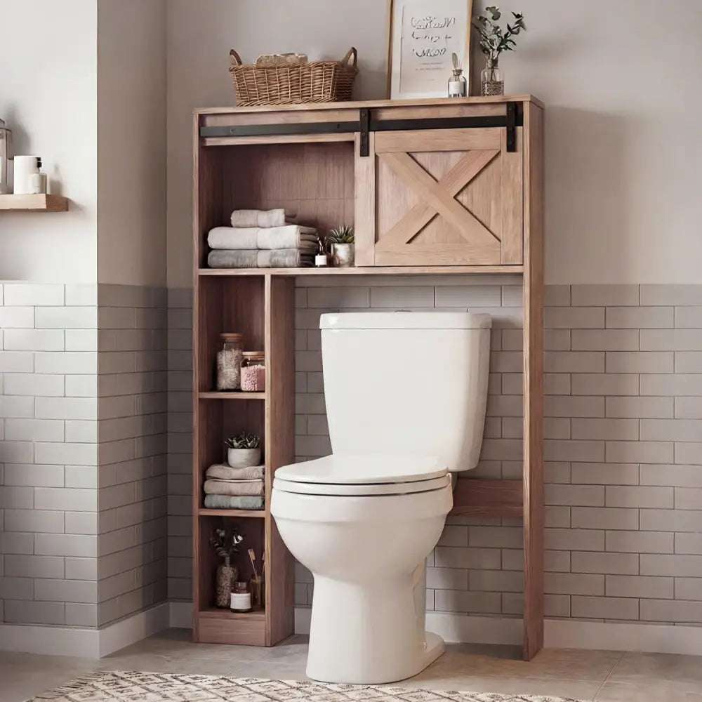4-Tier Over The Toilet Storage Cabinet with Sliding Barn Door and Storage Shelves-Brown - Brown - Over the Toilet