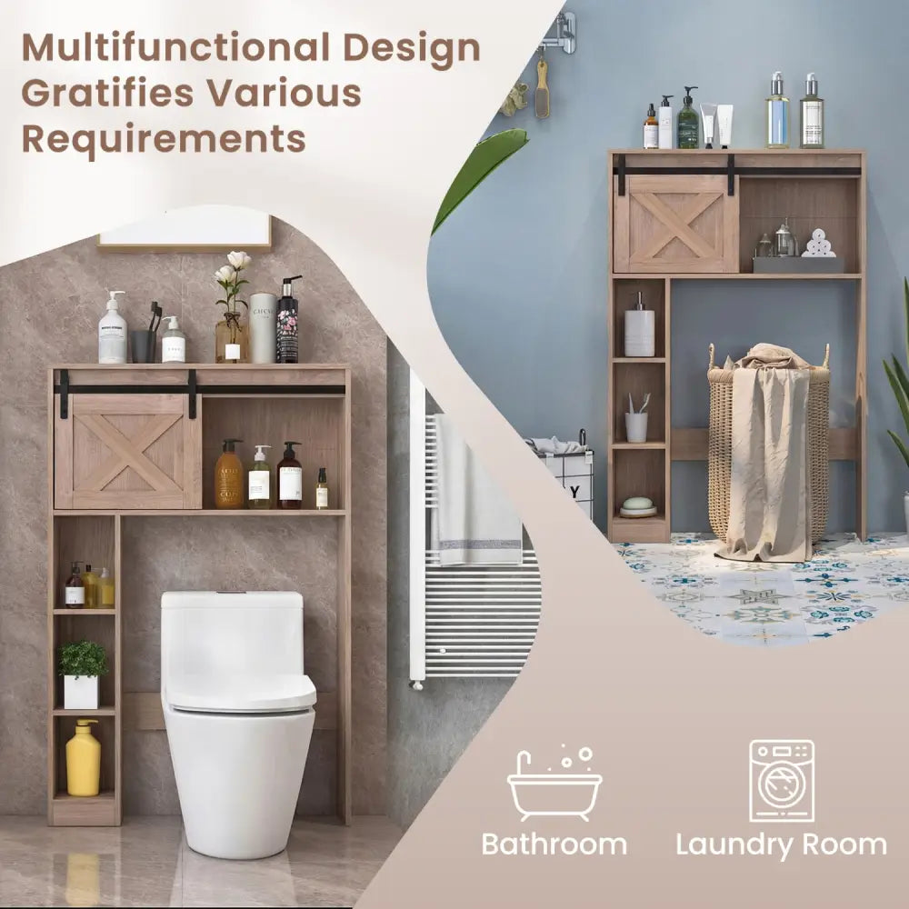 4-Tier Over The Toilet Storage Cabinet with Sliding Barn Door and Storage Shelves-Brown - Brown - Over the Toilet