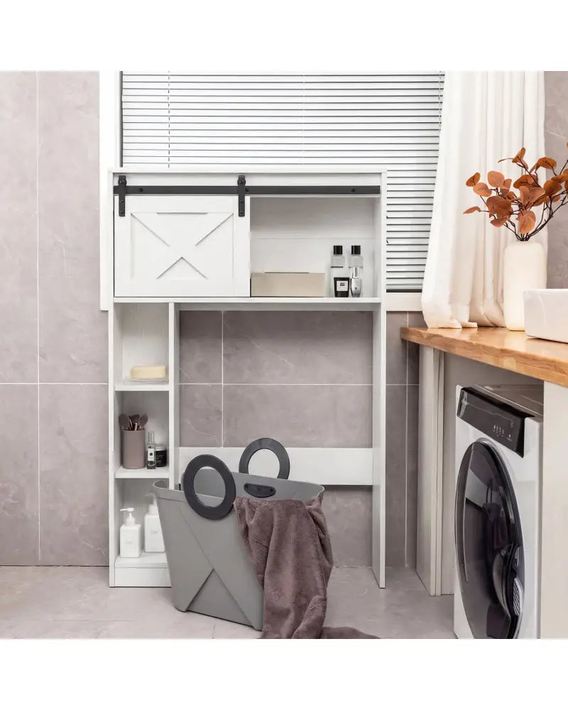 4-Tier Over The Toilet Storage Cabinet with Sliding Barn Door and Storage Shelves-White - White - Over the Toilet