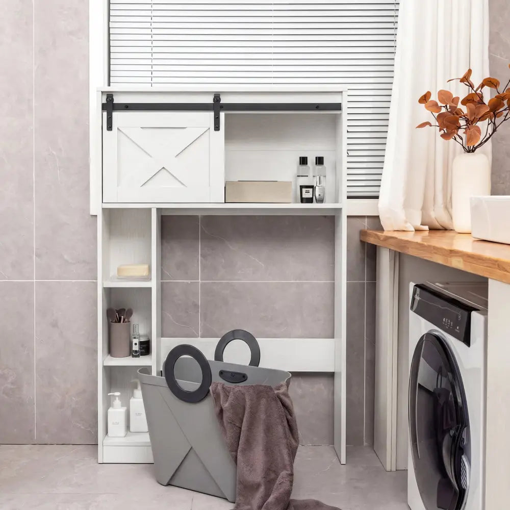4-Tier Over The Toilet Storage Cabinet with Sliding Barn Door and Storage Shelves-White - White - Over the Toilet