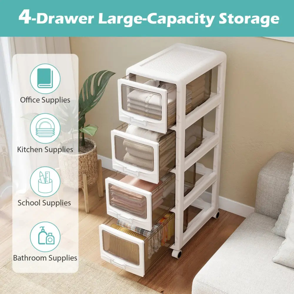 4-Tier Plastic Drawer Storage Organizer Rolling Cart with 3/4/5 Drawers and Lockable Wheels - File Cabinets
