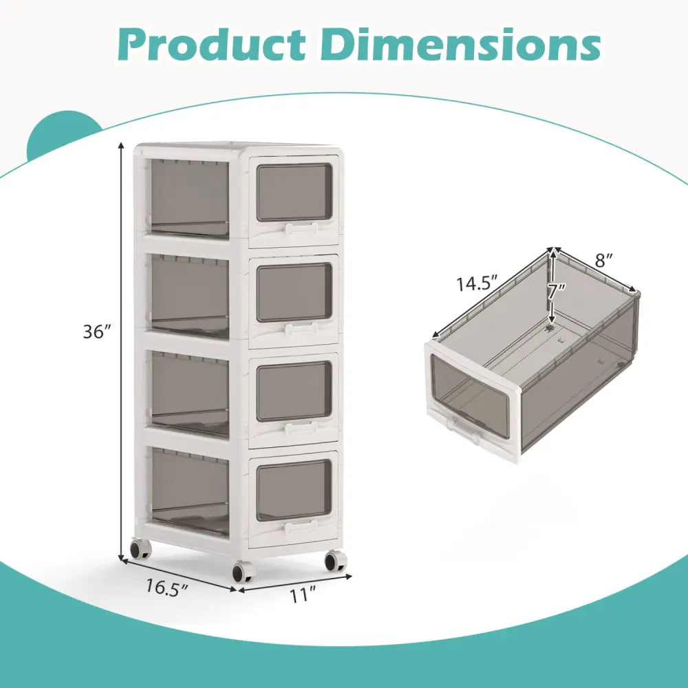 4-Tier Plastic Drawer Storage Organizer Rolling Cart with 3/4/5 Drawers and Lockable Wheels - File Cabinets