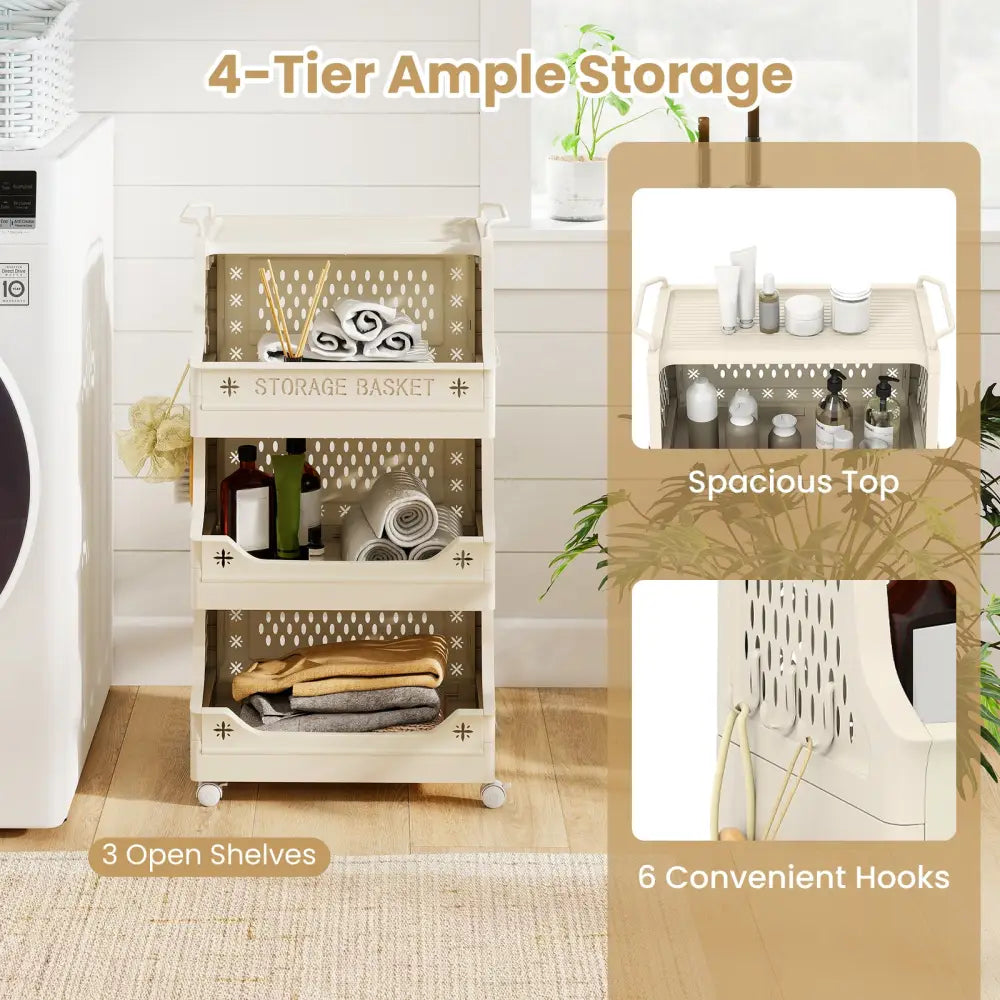 4-Tier Rolling Laundry Basket with Wheels Plastic Storage Cart with Side Hooks - Beige - Laundry Baskets