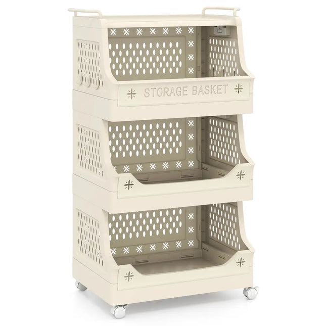 4-Tier Rolling Laundry Basket with Wheels Plastic Storage Cart with Side Hooks - Beige - Laundry Baskets