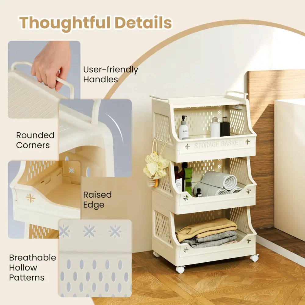 4-Tier Rolling Laundry Basket with Wheels Plastic Storage Cart with Side Hooks - Beige - Laundry Baskets