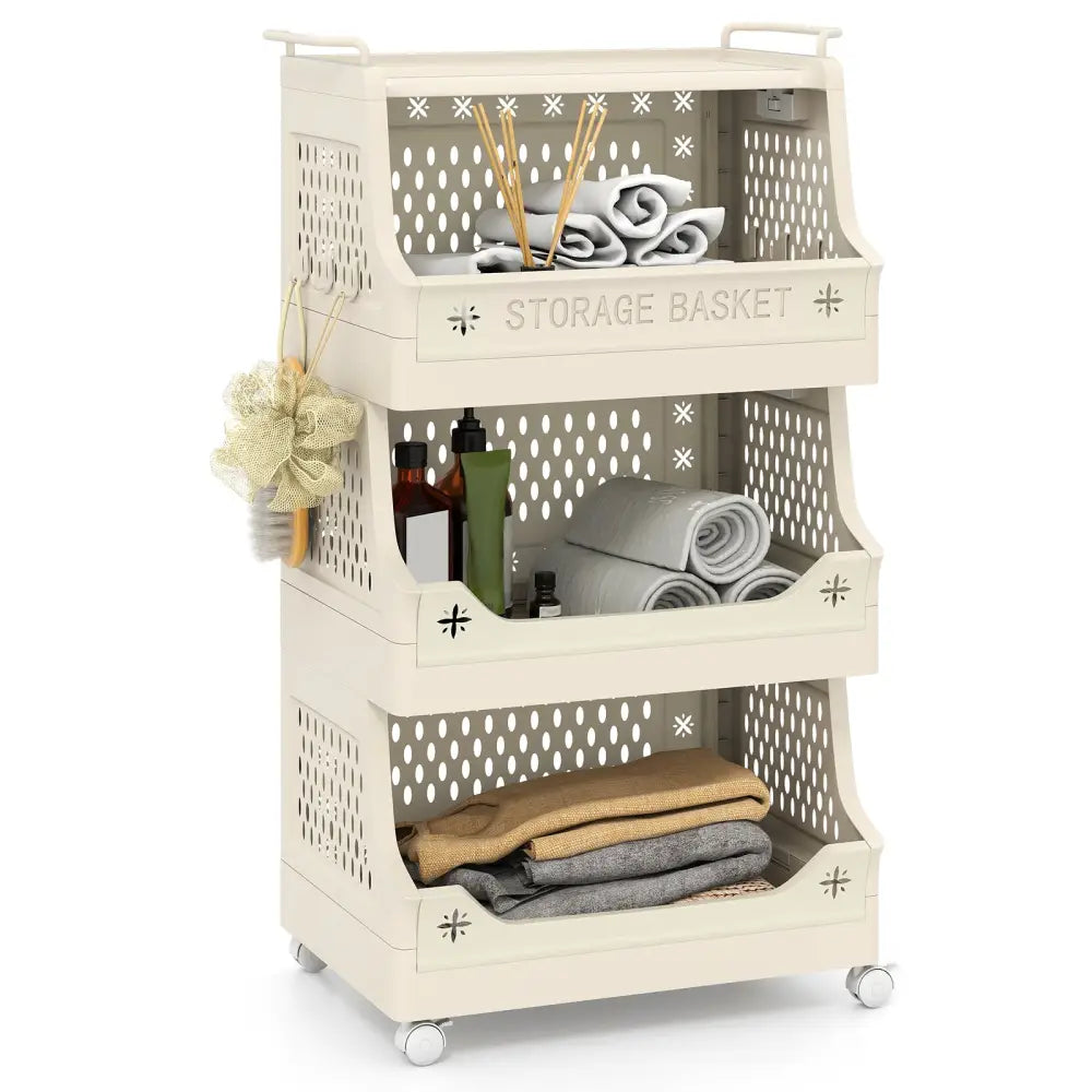 4-Tier Rolling Laundry Basket with Wheels Plastic Storage Cart with Side Hooks - Beige - Laundry Baskets