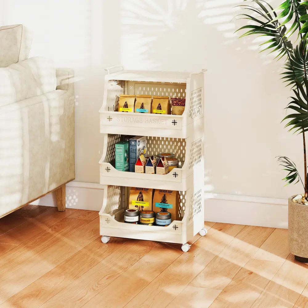 4-Tier Rolling Laundry Basket with Wheels Plastic Storage Cart with Side Hooks - Beige - Laundry Baskets