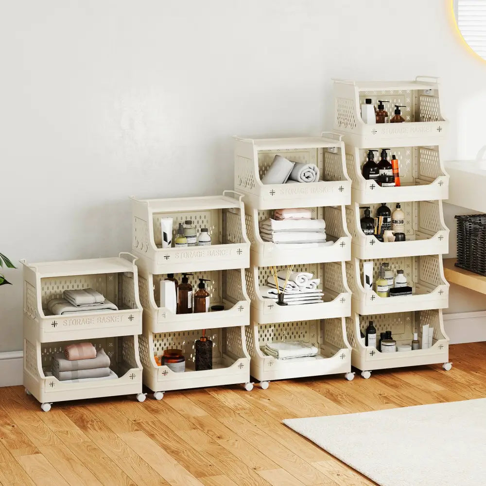 4-Tier Rolling Laundry Basket with Wheels Plastic Storage Cart with Side Hooks - Beige - Laundry Baskets