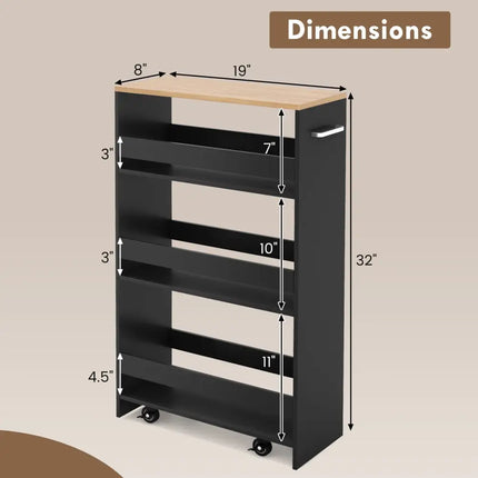 4-Tier Rolling Storage Cart Slim Kitchen Cart on Wheels with Open Shelves and Handle-Black Costway