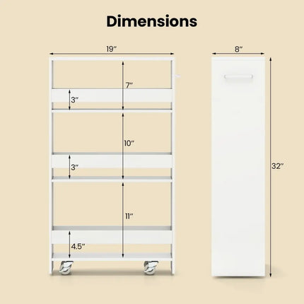 4-Tier Rolling Storage Cart Slim Kitchen Cart on Wheels with Open Shelves and Handle-White Costway