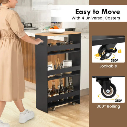 4-Tier Rolling Storage Cart Slim Kitchen Cart on Wheels with Open Shelves and Handle-Black Costway