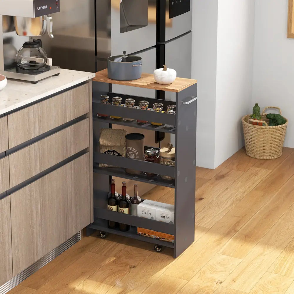 4-Tier Rolling Storage Cart Slim Kitchen Cart on Wheels with Open Shelves and Handle-Gray - Gray - Kitchen Islands &