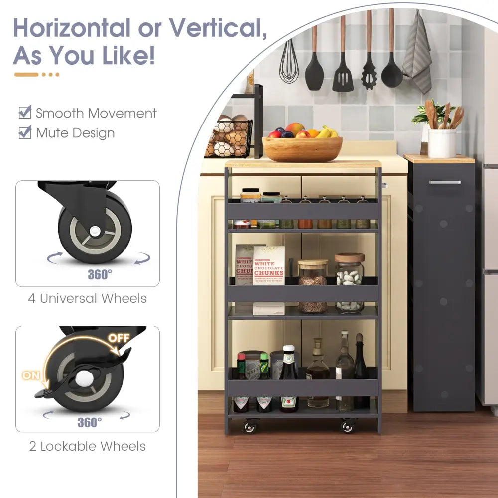 4-Tier Rolling Storage Cart Slim Kitchen Cart on Wheels with Open Shelves and Handle-Gray - Gray - Kitchen Islands &