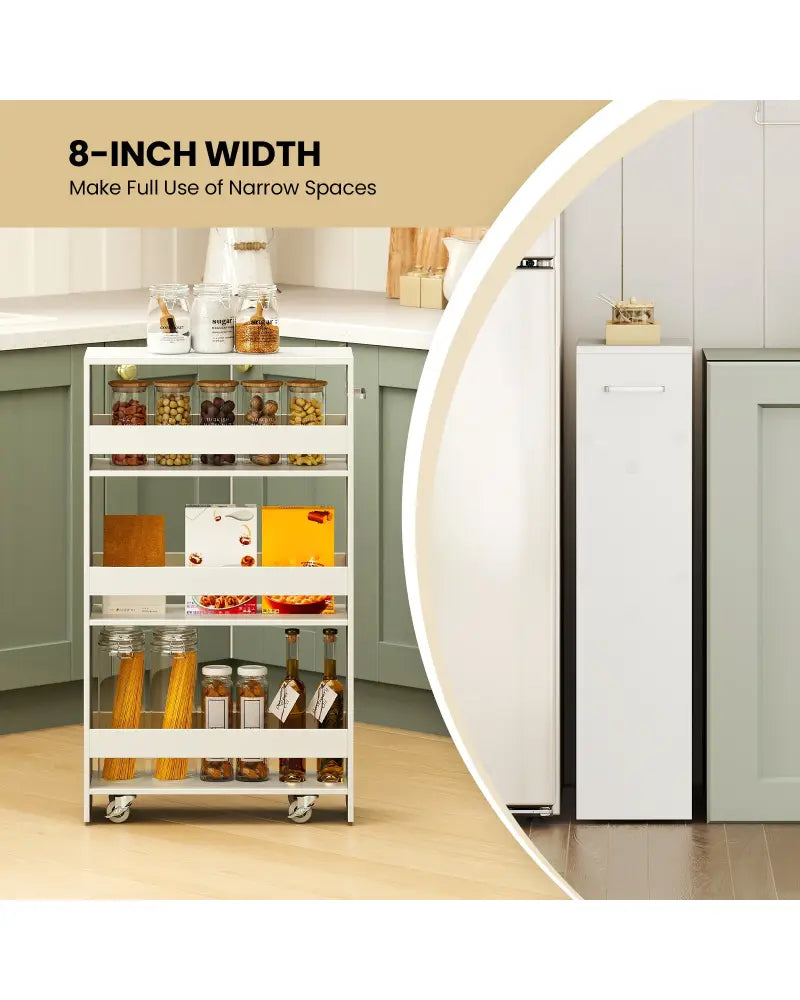 4-Tier Rolling Storage Cart Slim Kitchen Cart on Wheels with Open Shelves and Handle-White - White - Kitchen Islands &