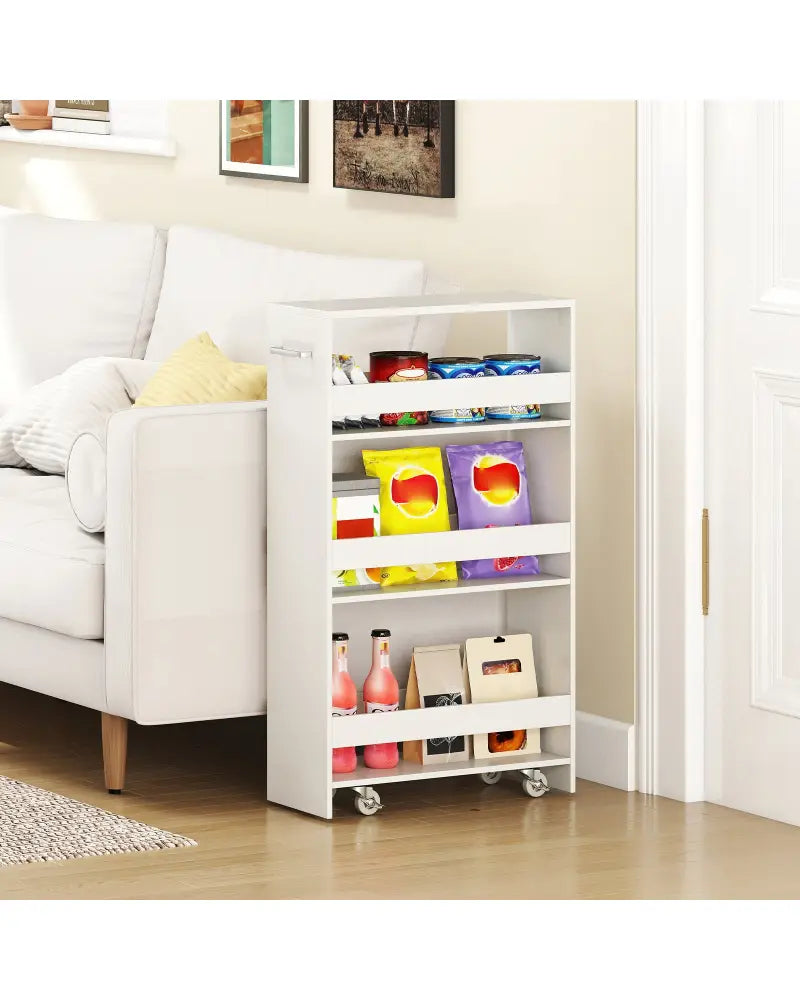 4-Tier Rolling Storage Cart Slim Kitchen Cart on Wheels with Open Shelves and Handle-White - White - Kitchen Islands &