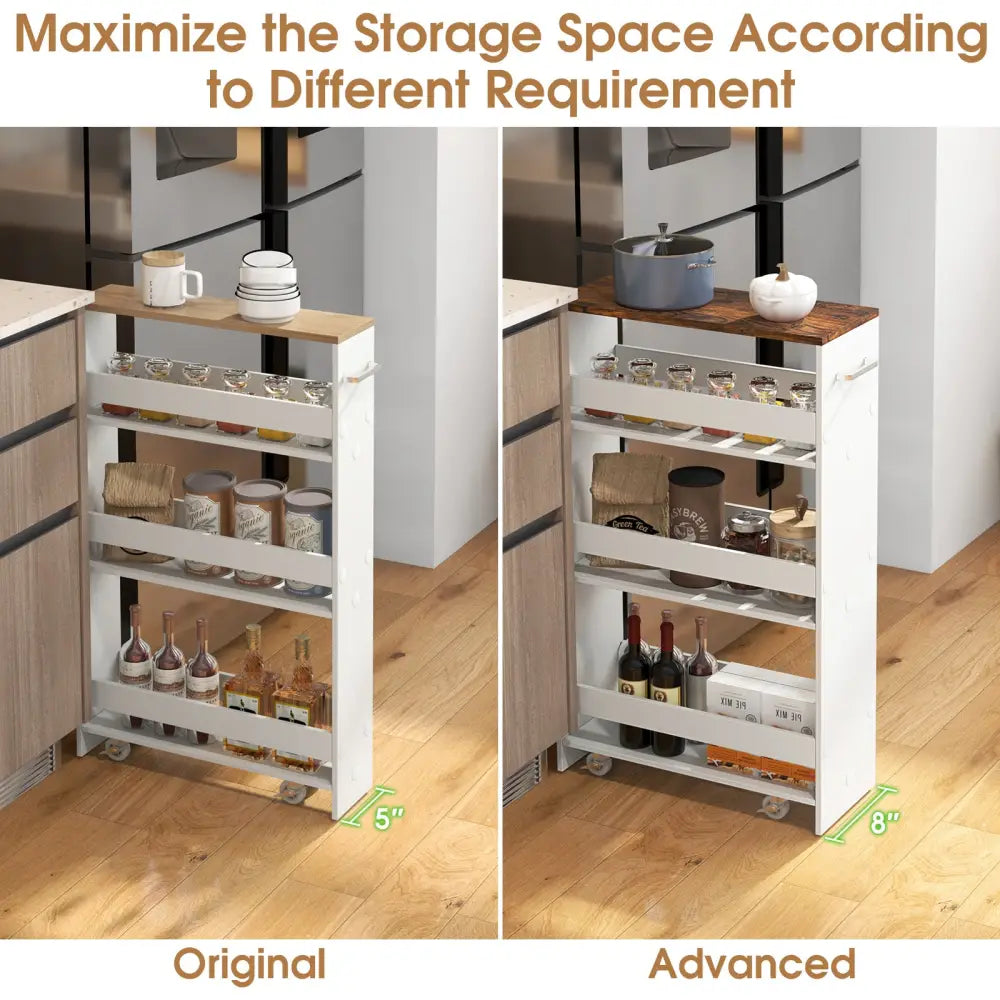 4-Tier Rolling Storage Cart Slim Kitchen Cart on Wheels with Open Shelves and Handle-Rustic Brown - Rustic Brown