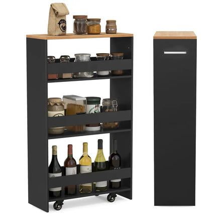 4-Tier Rolling Storage Cart Slim Kitchen Cart on Wheels with Open Shelves and Handle-Black Costway