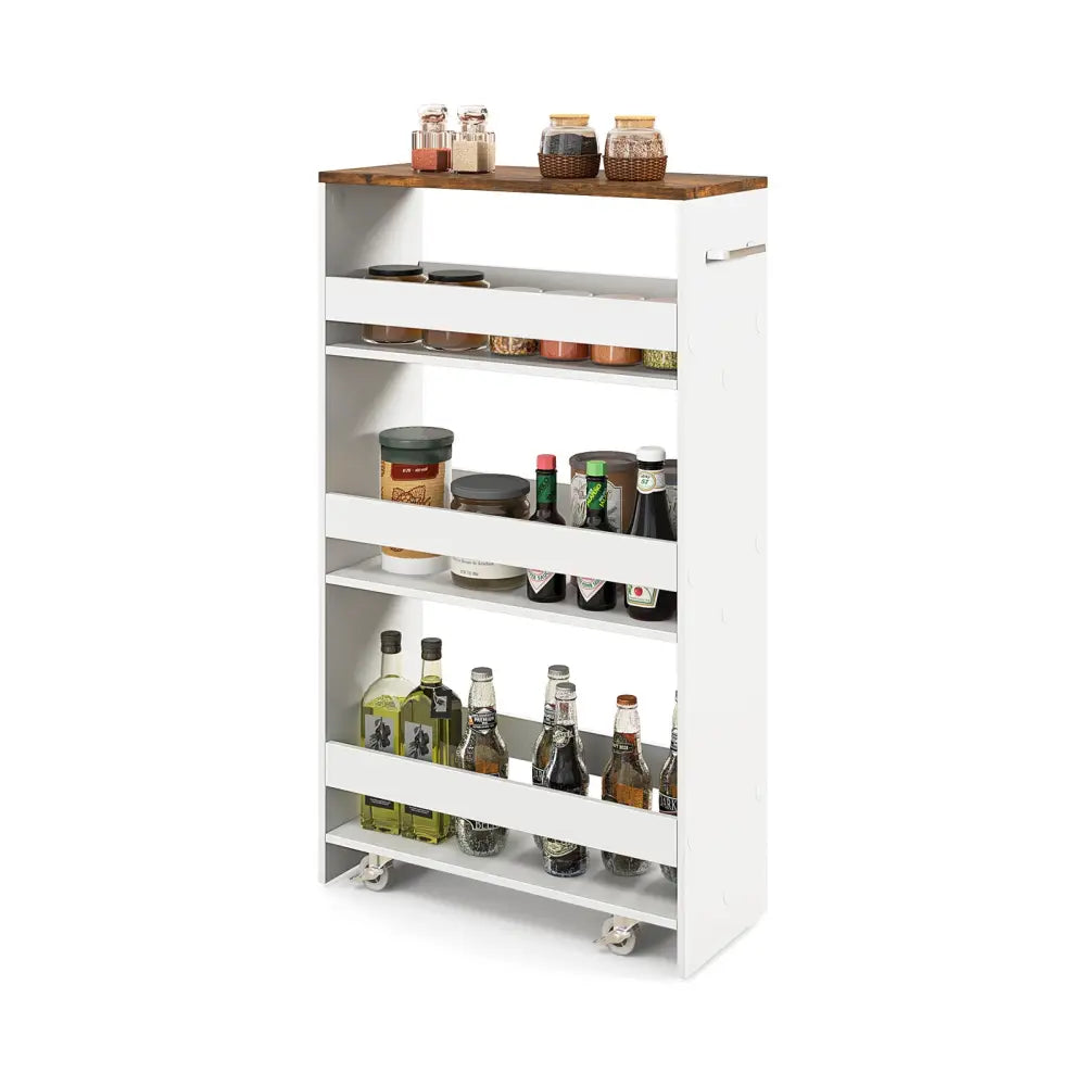 4-Tier Rolling Storage Cart Slim Kitchen Cart on Wheels with Open Shelves and Handle-Rustic Brown - Rustic Brown