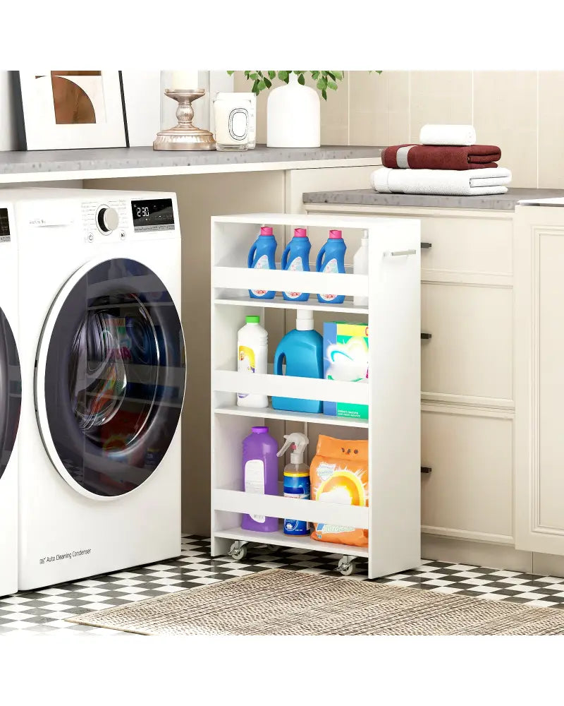 4-Tier Rolling Storage Cart Slim Kitchen Cart on Wheels with Open Shelves and Handle-White - White - Kitchen Islands &