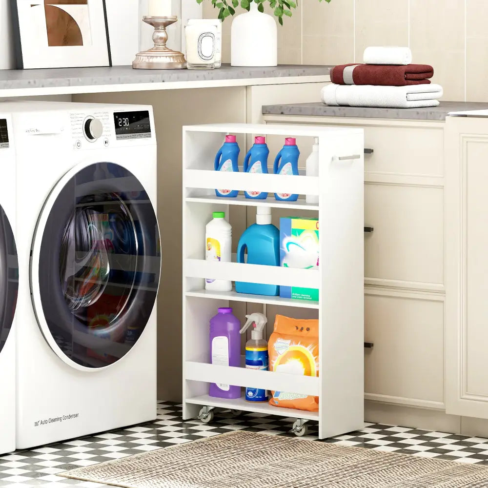 4-Tier Rolling Storage Cart Slim Kitchen Cart on Wheels with Open Shelves and Handle-White - White - Kitchen Islands &