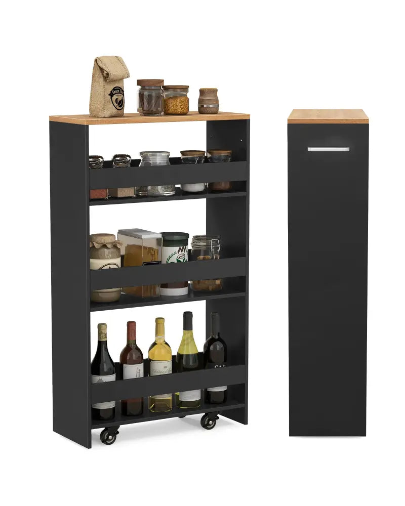 4-Tier Rolling Storage Cart Slim Kitchen Cart on Wheels with Open Shelves and Handle-Black - Black - Kitchen Islands &