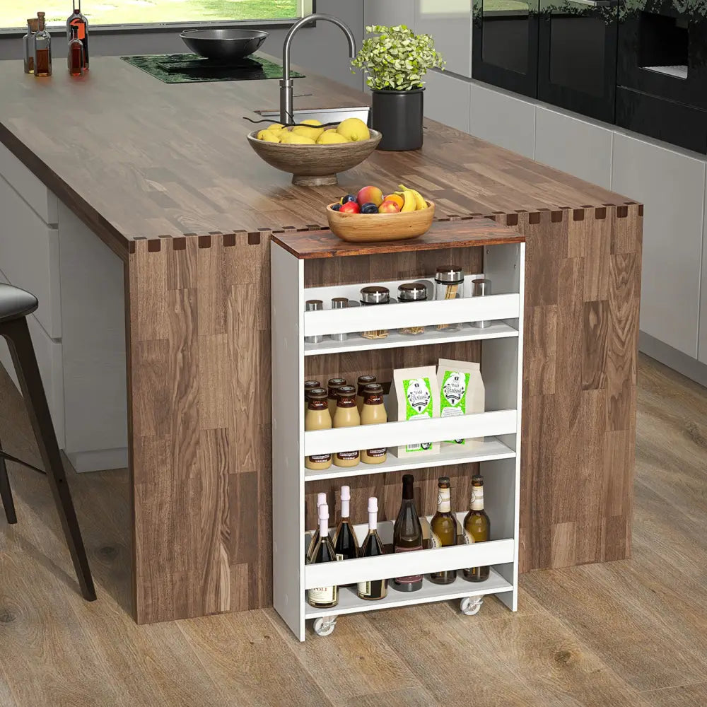 4-Tier Rolling Storage Cart Slim Kitchen Cart on Wheels with Open Shelves and Handle-Rustic Brown - Rustic Brown