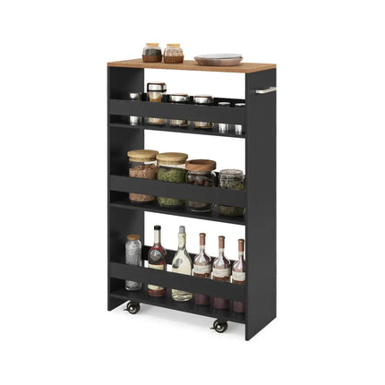 4-Tier Rolling Storage Cart Slim Kitchen Cart on Wheels with Open Shelves and Handle-Black Costway