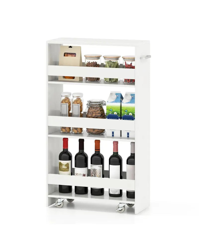 4-Tier Rolling Storage Cart Slim Kitchen Cart on Wheels with Open Shelves and Handle-White - White - Kitchen Islands &