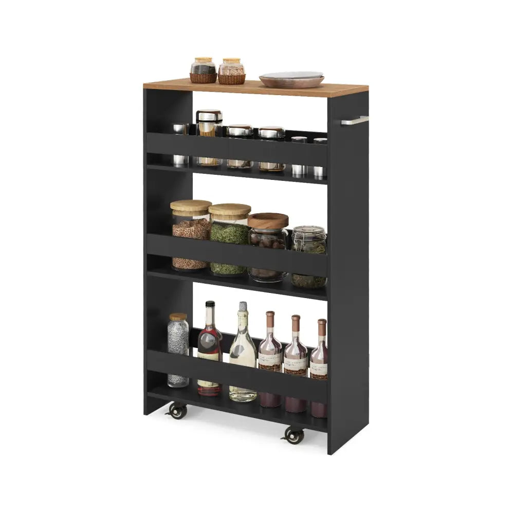 4-Tier Rolling Storage Cart Slim Kitchen Cart on Wheels with Open Shelves and Handle-Black - Black - Kitchen Islands &