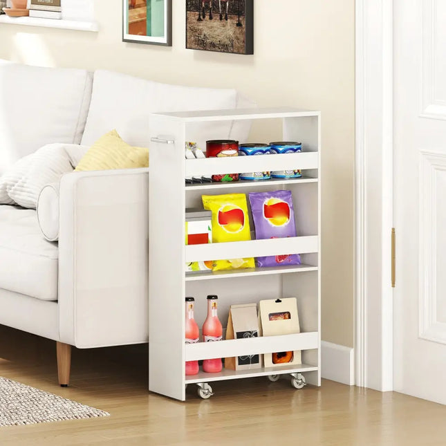 4-Tier Rolling Storage Cart Slim Kitchen Cart on Wheels with Open Shelves and Handle-White Costway